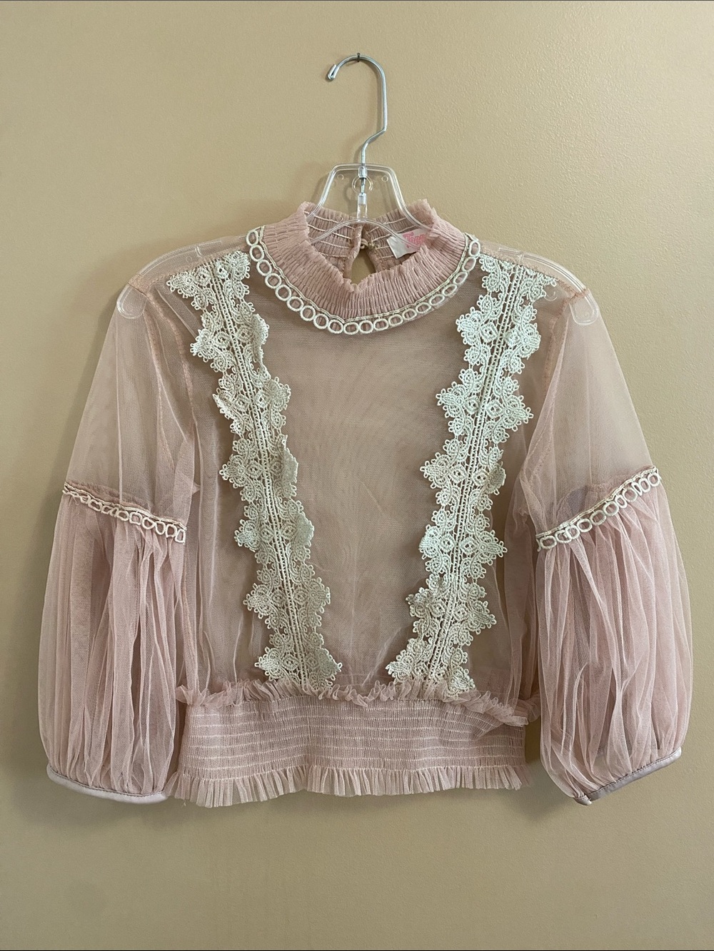 Sheer Lace-Trim Puff Sleeve Blouse - Blush Pink